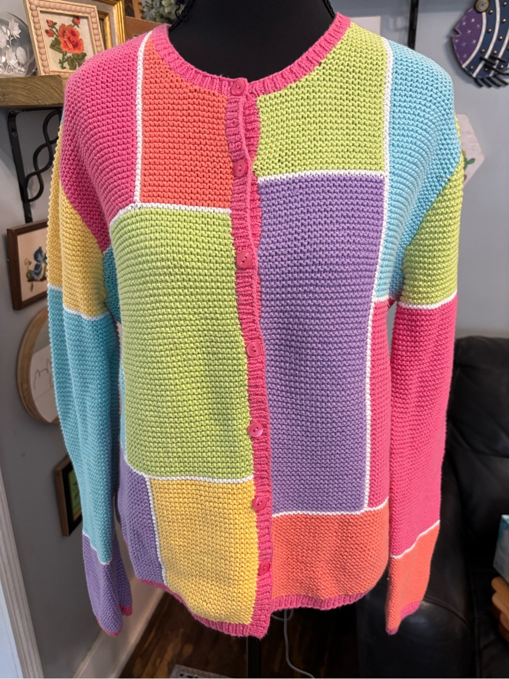Vtg Talbots petites hand knit cardigan sweater colorblock womens L